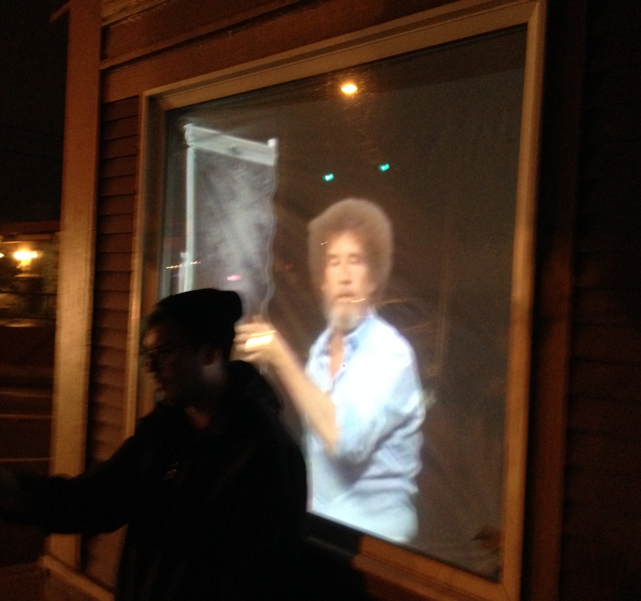 Cameron standing in front of Bob Ross at the Museum of Modern Life