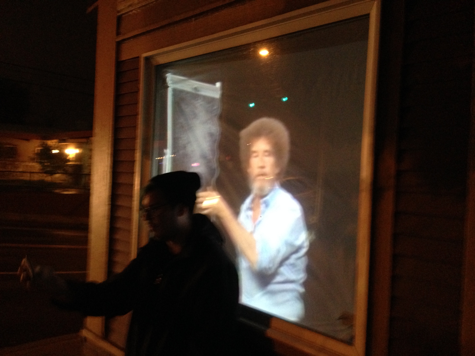 Cameron standing in front of Bob Ross at the Museum of Modern Life